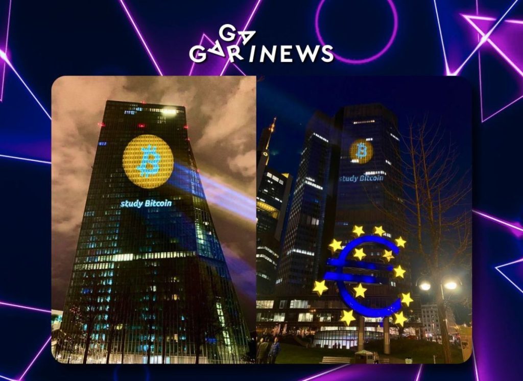 Bitcoin logo projected onto the European Central Bank