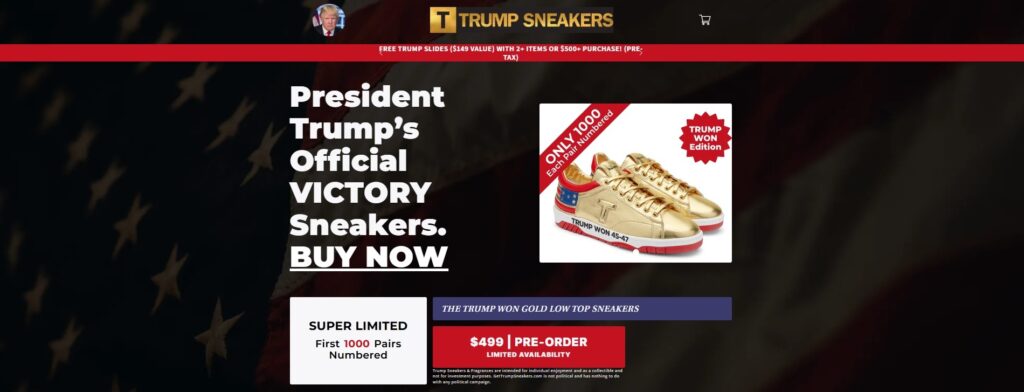 Trump Sneakers: Starting at $199. A lineup of exclusive Trump fragrances is also available.
Source: GetTrumpSneakers.com 
- The Coinomist