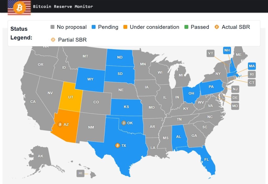 Crypto Adoption Gains Momentum: 12 U.S. States Push for State-Backed Digital Asset Investments.
Source: Bitcoin Reserve Monitor
- The Coinomist